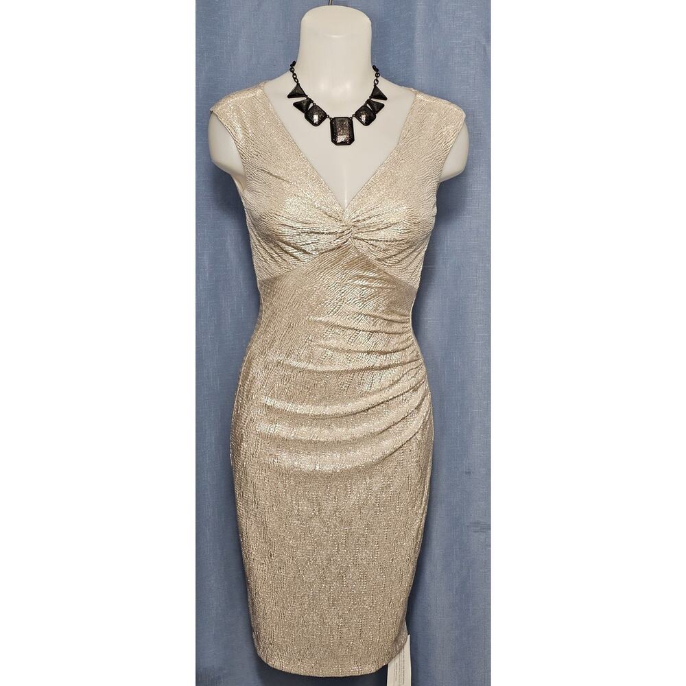 Caché Metallic Silver Ruched Knot Front Bodycon Dress Sz 0 NWT Holiday Cocktail